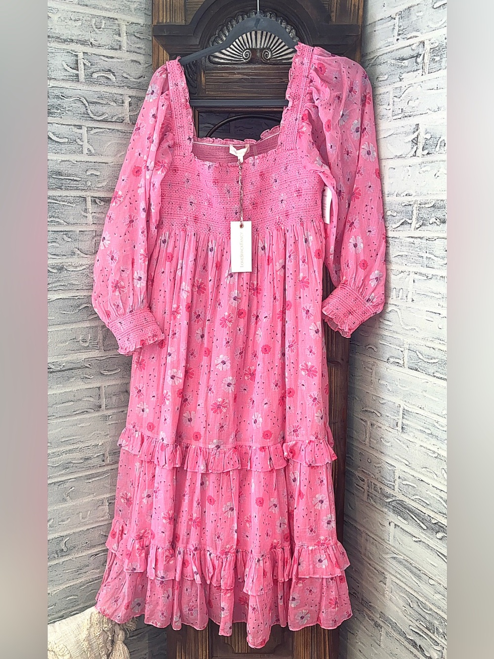 LoveShackFancy Pink Floral Smocked Tiered Maxi Dress